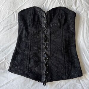 Black Lace Strapless Corset Bustier Top Boned Front Hook Closure - Size Small